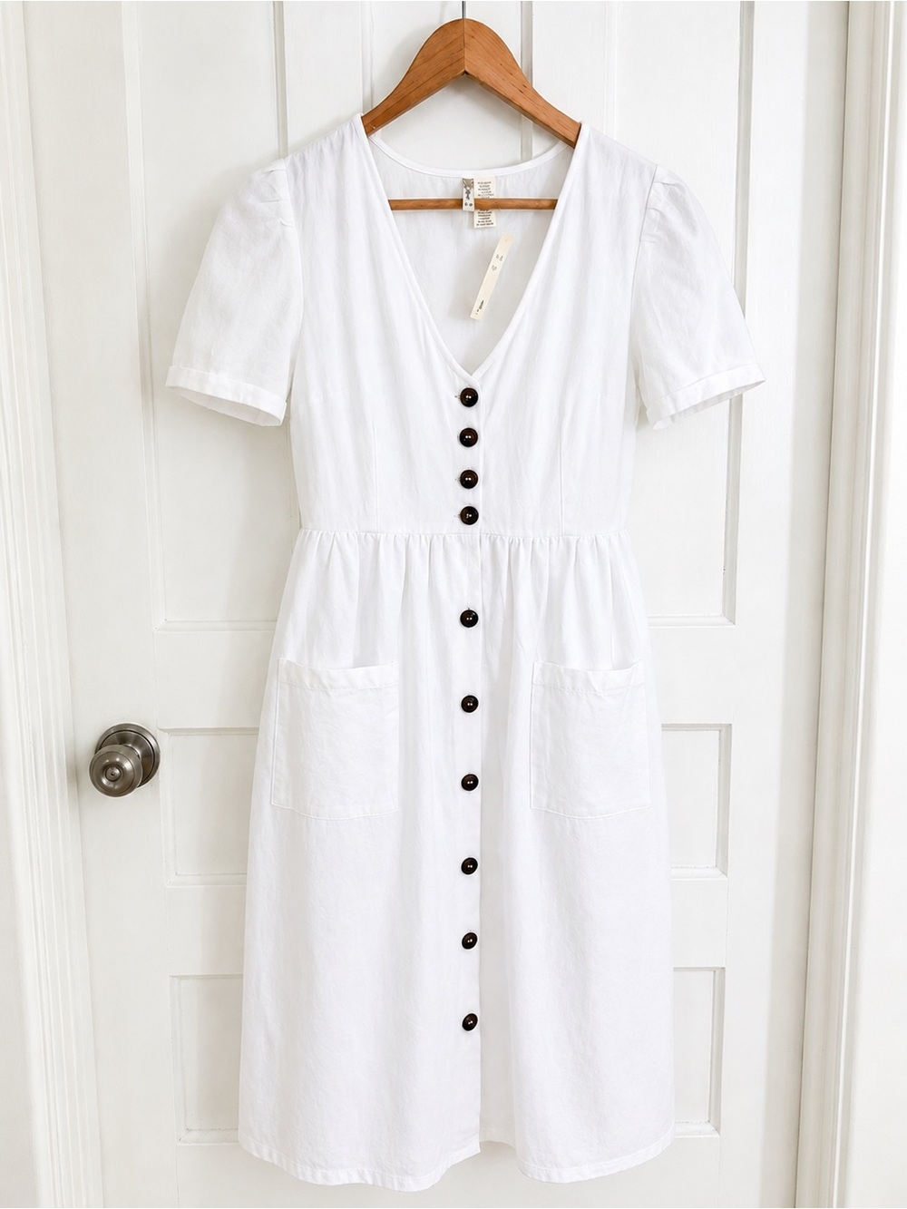 Japna White Button-Front V-Neck Midi Dress - NWT, white, cotton